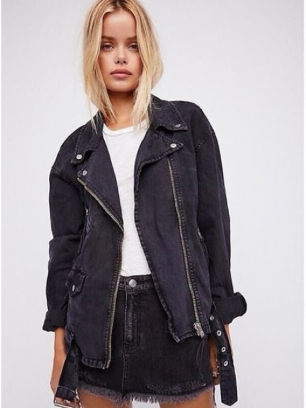 FREE PEOPLE Denim Moto Jacket in Black Rebel Rebel Knit Moto Jacket in Black NWT